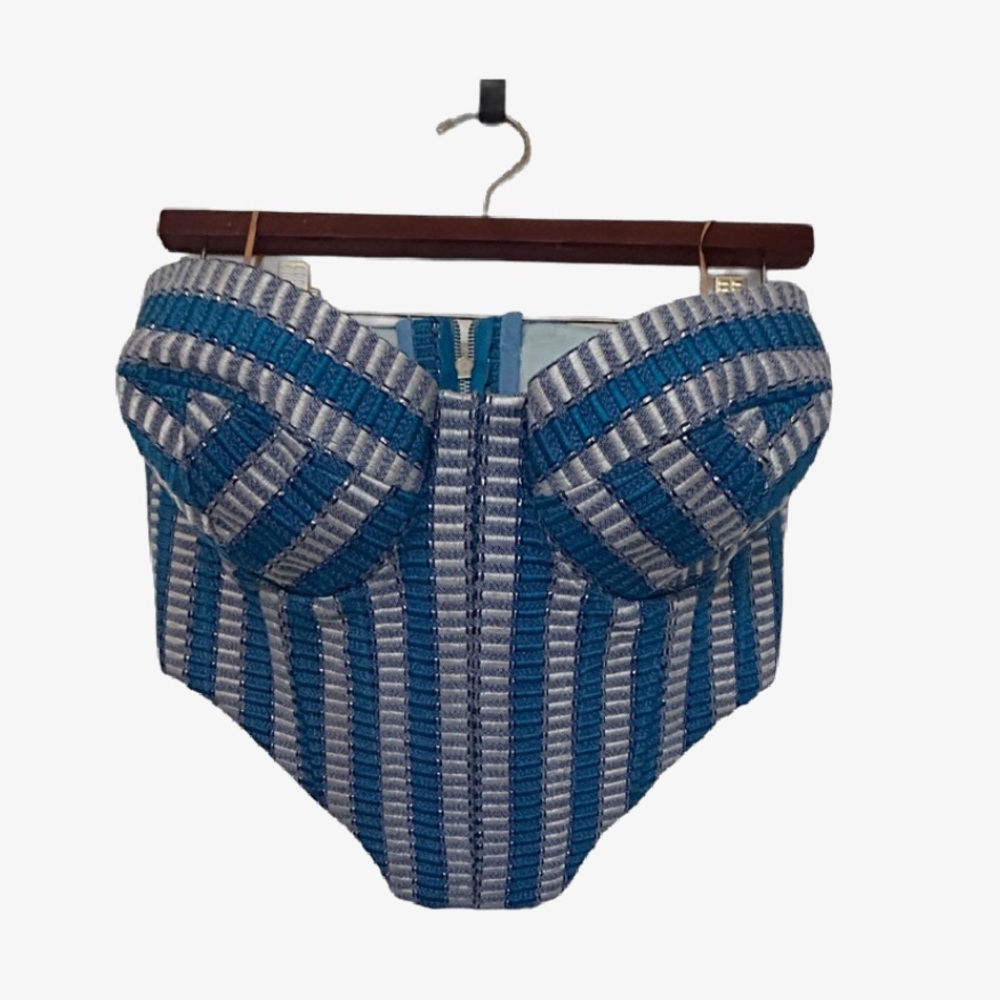 ILORM Blue and Gray Striped Bustier Top